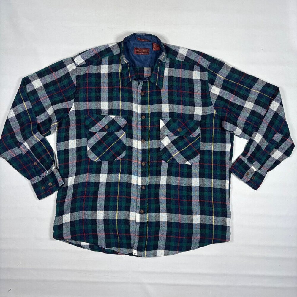 VTG Allen Wickfield Outdoor Outfitters Mens XL Blue Green Plaid Flannel Shirt